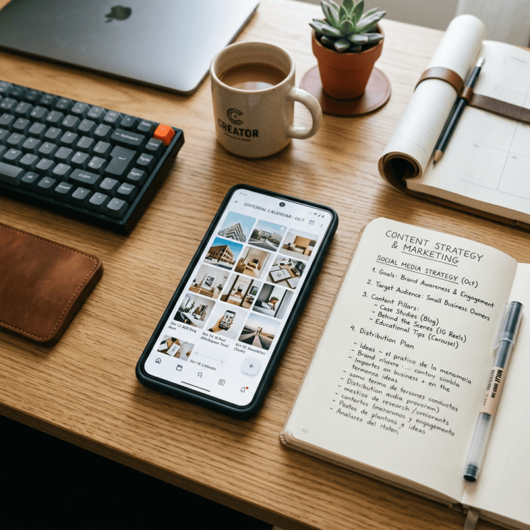 Desk with laptop, keyboard, coffee, succulent, smartphone editorial calendar, and notebook labeled Content Strategy & Marketing